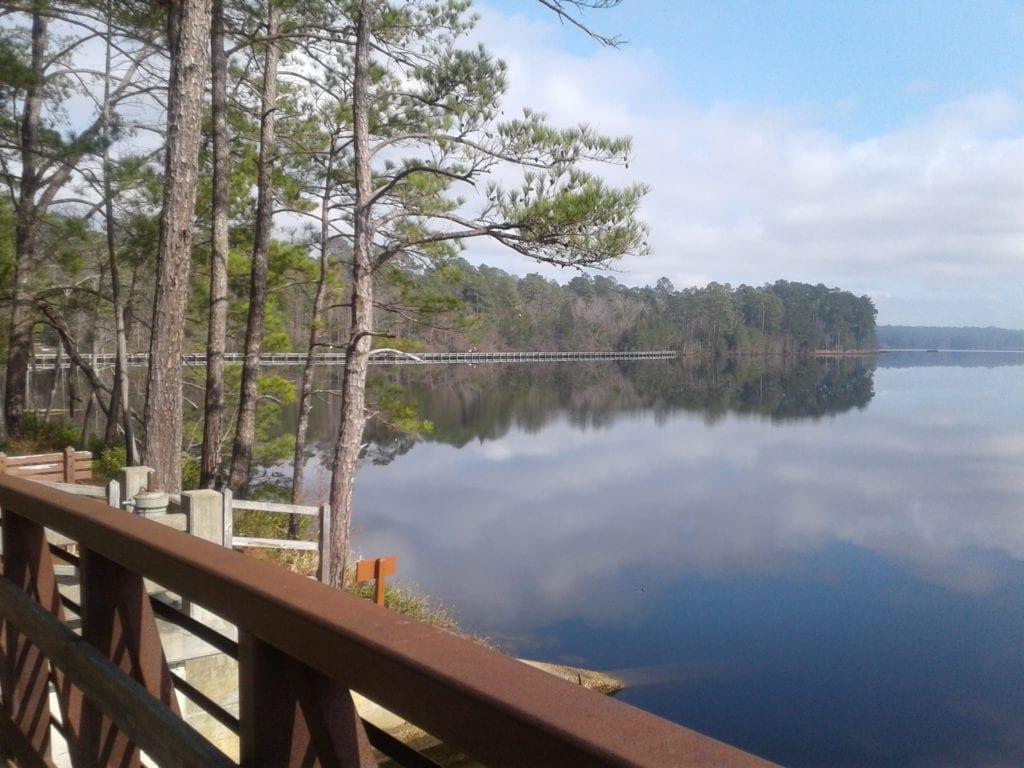 The lake and boardwalk of Cheraw State Park